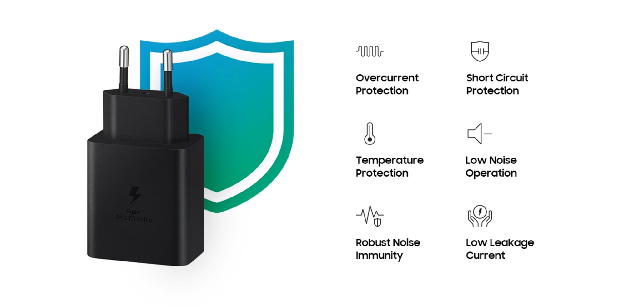 The 45W Power adapter stands on its end with the plug facing up in front of a green illustrated shield. On the right, there are 6 safety icons with text below each one: Overcurrent protection, Temperature protection, Robust Noise Immunity, Short circuit protection, Low noise operation, Low leakage current.
